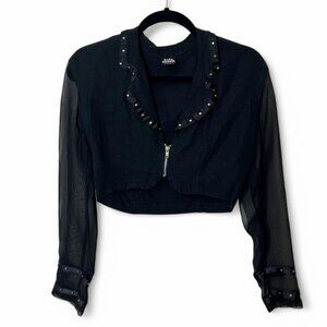 Vintage 90s Judy Knapp Sheer Black Cropped Long‎ Sleeve Blouse